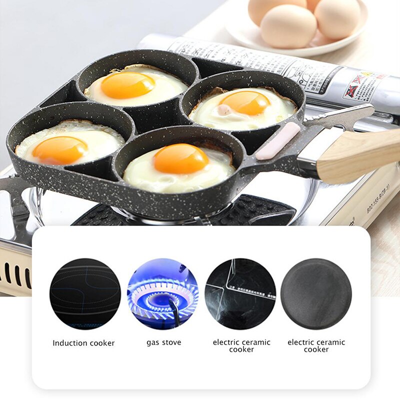 4 Hole Omelet Pan for Burger Egg Ham Pancake Maker Wooden Handle Frying Pan