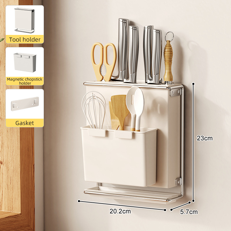Soporte para cubiertos para encimera de cocina, montado en la pared, sin taladro, cuchillo, organizador de palillos, estante de almacenamiento de drenaje para utensilios de cocina: Gris claro