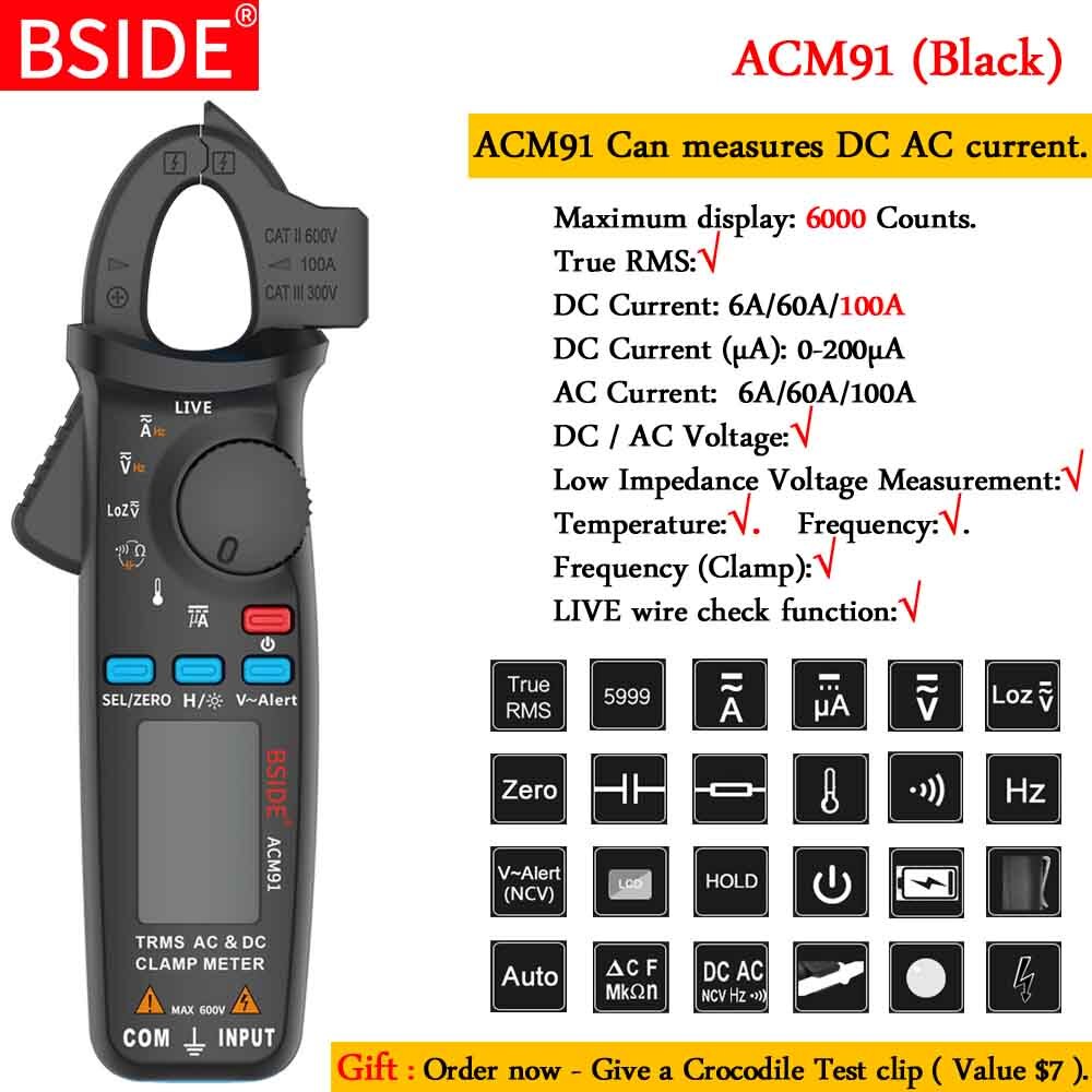 Mini Digital Clamp Meters Pocket Digital Clamp Meter Multimeter BSIDE DC/AC Current 100A 1mA Tester: ACM91-black-Gift