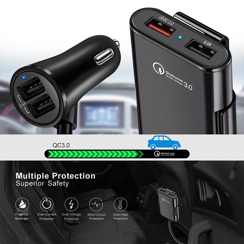 QC3.0 バッククリップ車の充電器usb充電器 4 usbスプリッタソケット電話電源アダプタシートバック携帯電話のオート自動車商品アクセサリー