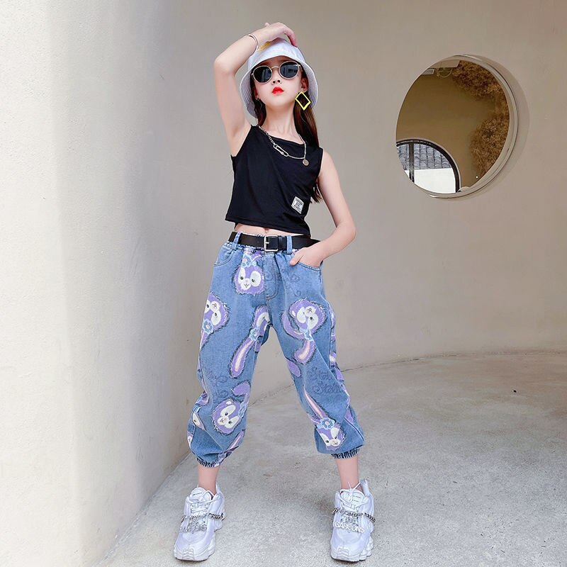 Teenage Girls Cartoon Jeans Children Elastic Waist Denim Pants Kids Girls Trousers jeans Clothes 6 8 10 12 14: set / 110