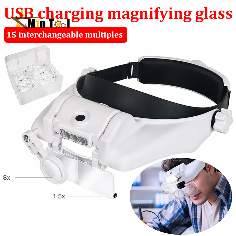 Usb genopladelig brillelup urmager brilleforstørrelsesglas led pandebåndsforstørrelsesglas 1.5x 2x 2.5x 3x 3.5x 8 reparationsværktøj