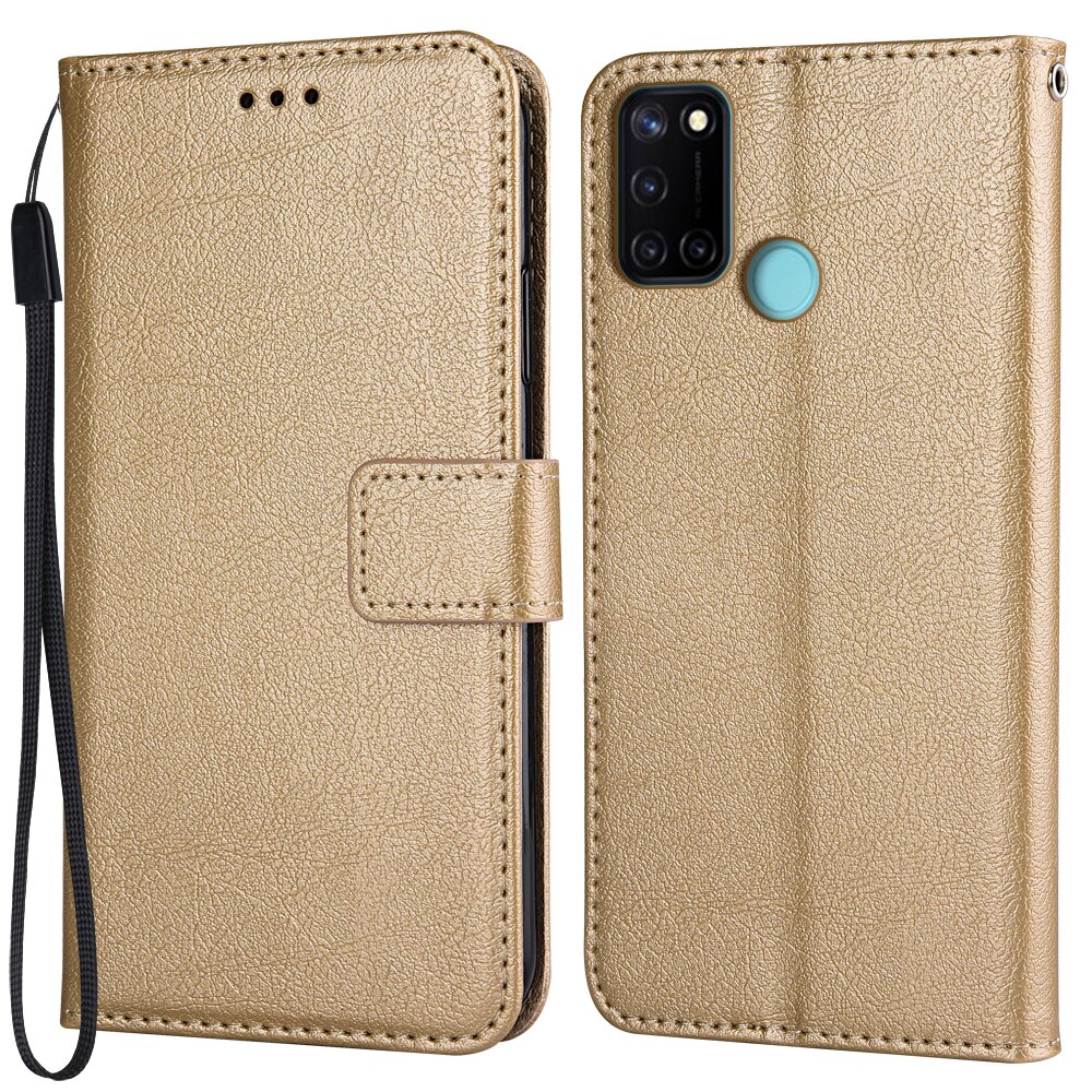 Flip Wallet PU Leather Case For Realme 7i (India Funda Stand Business Phone Holster Stripe Protect Cover: K-wallet-Golden