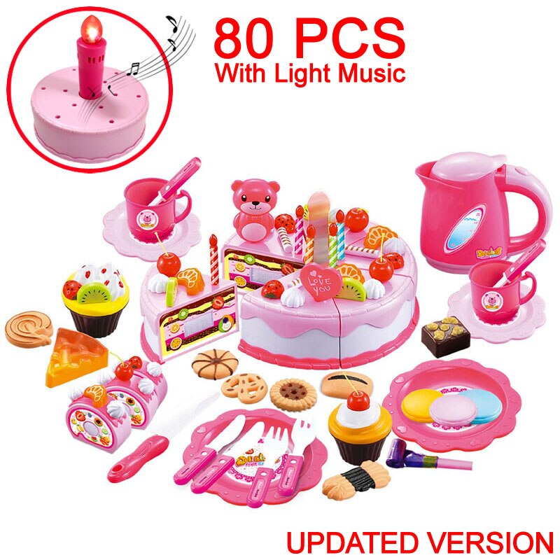 Birthday Cake Toys 37-80PCS DIY Pretend Play Fruit Cutting Kitchen Food Kids Toy Pink Blue For Children Cocina De Juguete