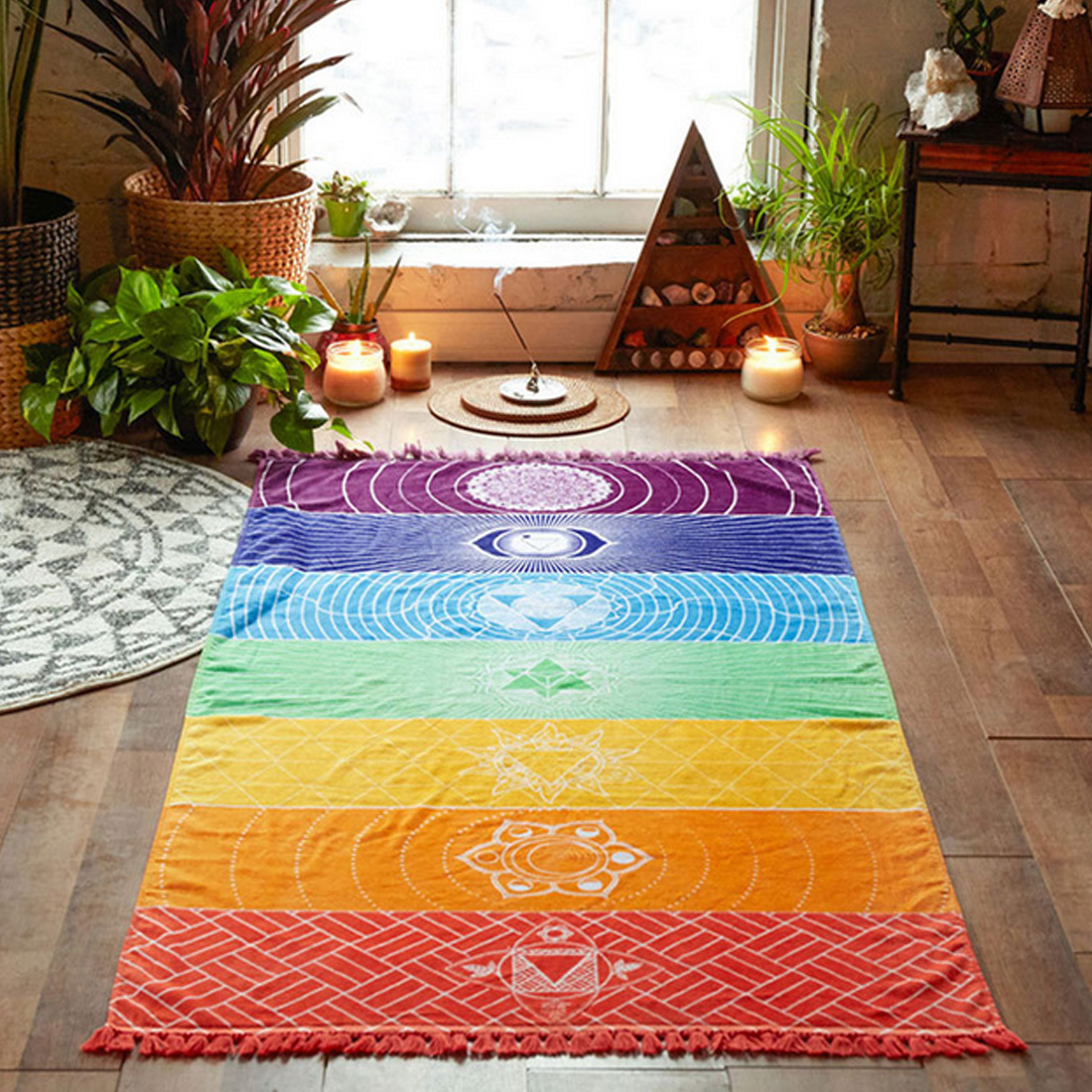 Polyester Bohemen Muur Opknoping India Mandala Deken 7 Chakra Gekleurde Tapestry Regenboog Strepen Reizen Strand Yoga Mat
