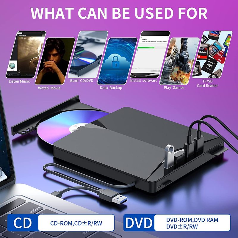 7-in-1 USB 3.0 Type C External CD Player Tray Type Optical Drives DVD Burner Reader Disk Drive for PC Computer Laptop Notebook