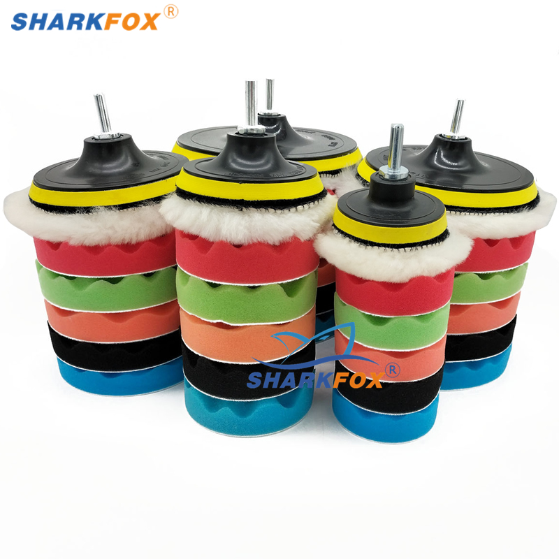Sharkfox-Kit de almohadillas de esponja para pulir autos, Kit de almohadillas de espuma, máquina pulidora, almohadillas de cera para automóviles, motocicletas, vehículos de Motor, elimina