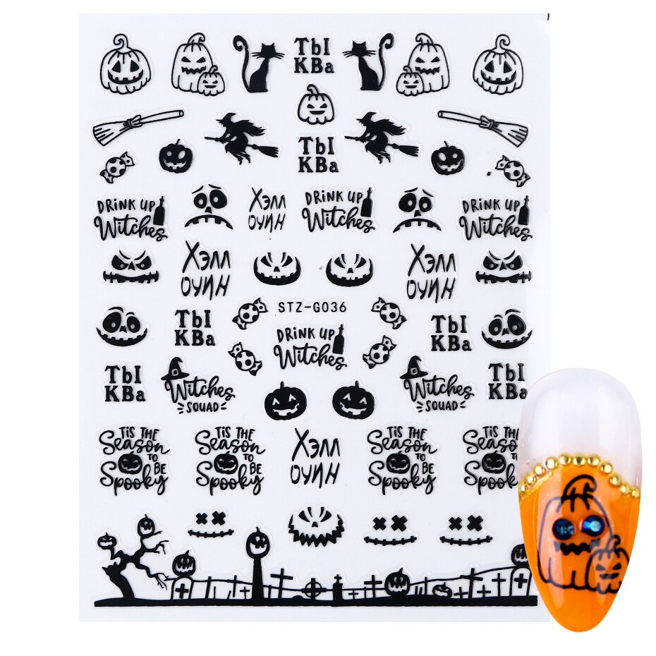 Halloween negler svarte klistremerker nail art dekaler edderkopp spøkelse gresskar kult skummelt skyveomslag negledekor manikyr chstzg 032-040: Stzg 036 svart