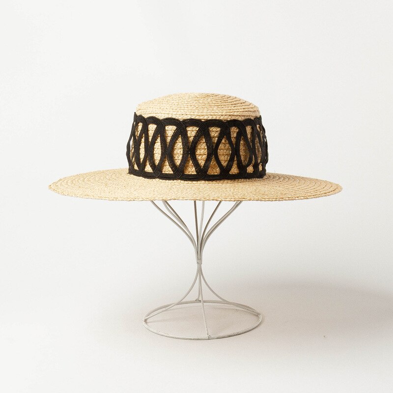Sombrero plano de paja con ala ancha para mujer, sombrero de playa estilo étnico, Canotier, vacaciones, iglesia, Kuntucky,: Black