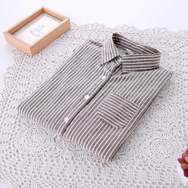 automne femmes hauts et chemisiers à manches longues rayé Blouse chemise femmes chemises décontractées femme collège Style: Marron / M