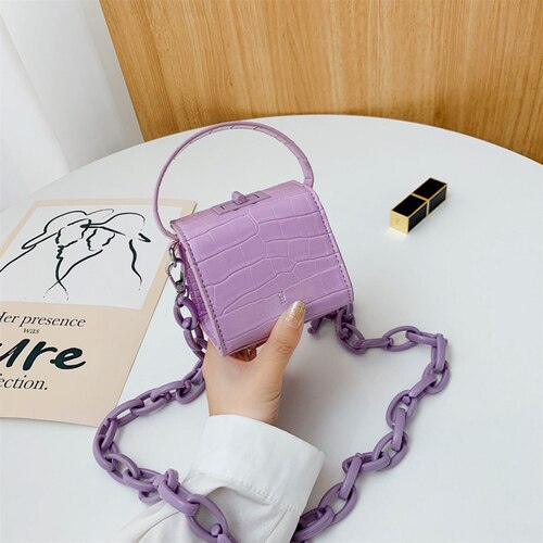 Acryl Dikke Ketting Mini Effen Kleur Pu Lederen Crossbody Tassen Voor Vrouwen Dame Doos Vorm Schouder Handtassen En Portemonnees: Paars