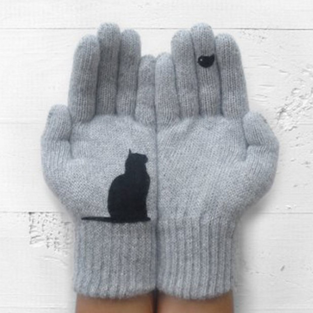 Winter Kasjmier Handschoenen Kat Vogel Cartoon Partern Afdrukken Patchwork Wollen Warme Wanten Volledige Vinger Voor Vrouwen Mannen Unisex: Grey