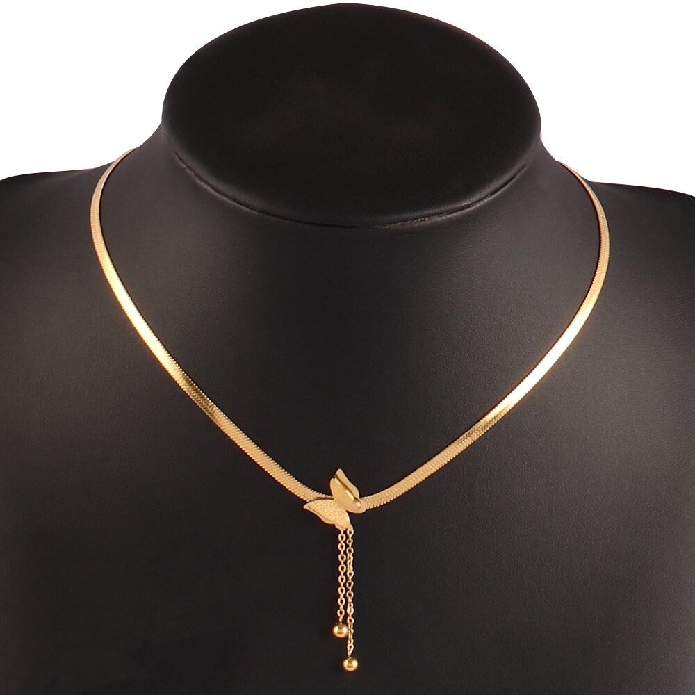 Trendy Product Stainless Steel Necklace For Women Gold Silver Color Charm Flower Butterfly Pendant Necklace Jewelry: B0266