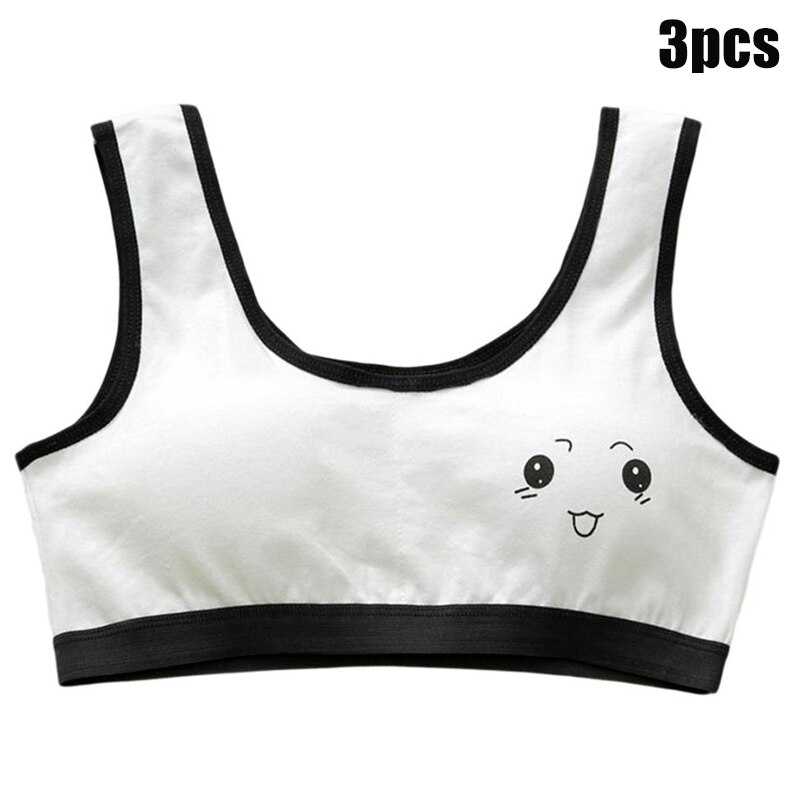 3pcs Cute Cartoon Girl Bra Soft Cotton Teenage Casual Training Bra for Students Teenager BM88: Black