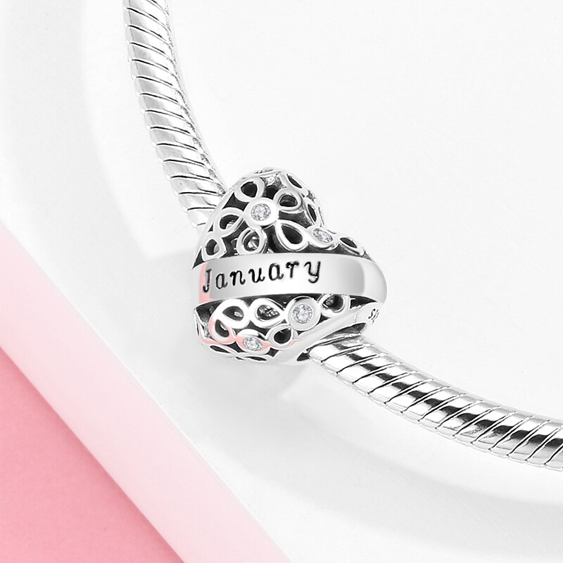 Hollow Flower Heart Charms 925 Sterling Silver January Letter Beads Jewelry Making fits Original Mikiwuu Bracelet birthday