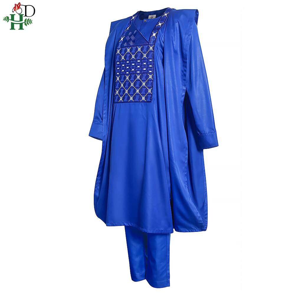 H&amp;D 3 PCS Set Agbada African Clothes For Men Long Sleeve Shirt Pants Robes Suit Ankara Dashiki Embroidery Boubou Tenue Africaine