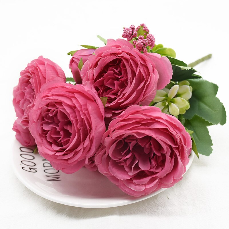 1 stk 5 gafler 9 blomster bryllup hjemmedekorasjon tilbehør kunstig peon bukett gjør det selv blomsterarrangement jul: 3