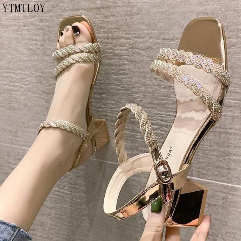 Sandálias de salto alto feminino cristal banda vestido de festa de verão dedo do pé aberto dourado zapatos de mujer plataforma sadalias femininas