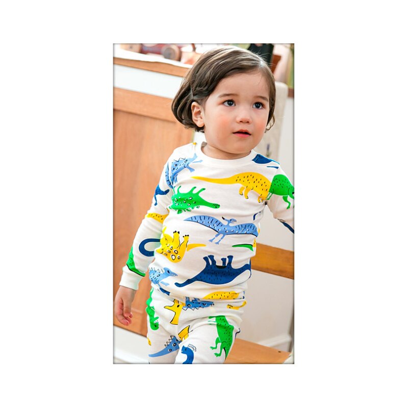 Jungen Druck Karikatur Dinosaurier freundlicher Pyjama Lange Ärmeln Runde Kragen lässig einstellen freundlicher Nachtwäsche Nachtwäsche Outfit