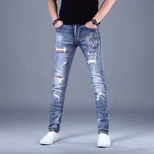 Korea Versie Heren Bedelaar Blauw Jeans, Krassen Slim Stretch Jeans, Gescheurde Patches Sexy Jeans, stijlvolle Straat Jeans;
