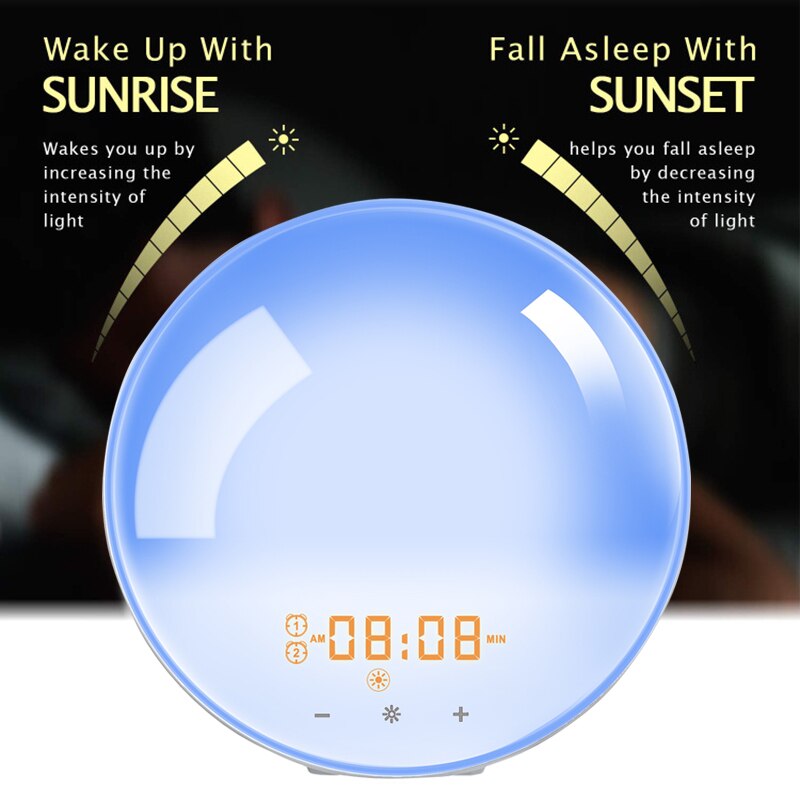 Réveil intelligent avec alarme WiFi, avec lumière de jour, 7 couleurs, pour le lever/coucher du soleil, fonctionne avec Alexa et Google