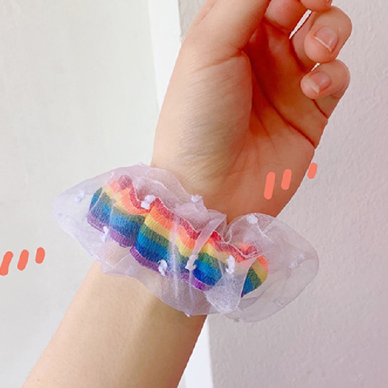 Corea mujeres elástico Kawaii bandas de encaje para el cabello Tie Girls Mesh Scrunchie coleta transparente Arco Iris accesorios para el cabello Headwe