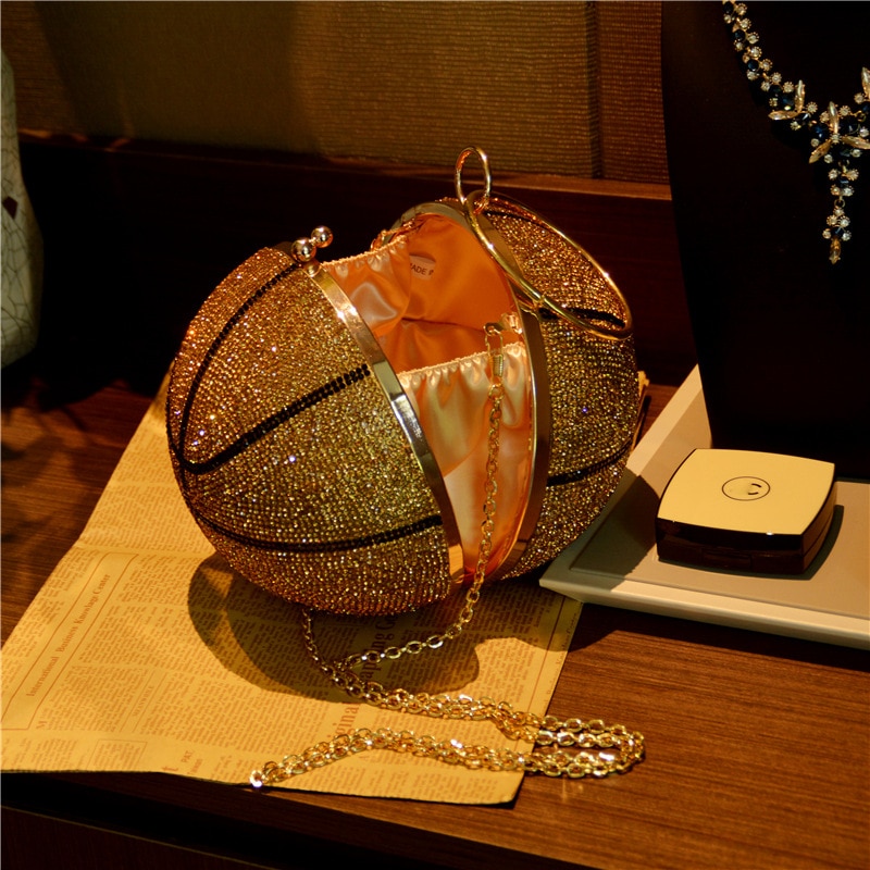 3D Basketball Round Ball Gold Clutch Purses for Women Evening Rhinestone Handbags Ladies Party Dinner Bag