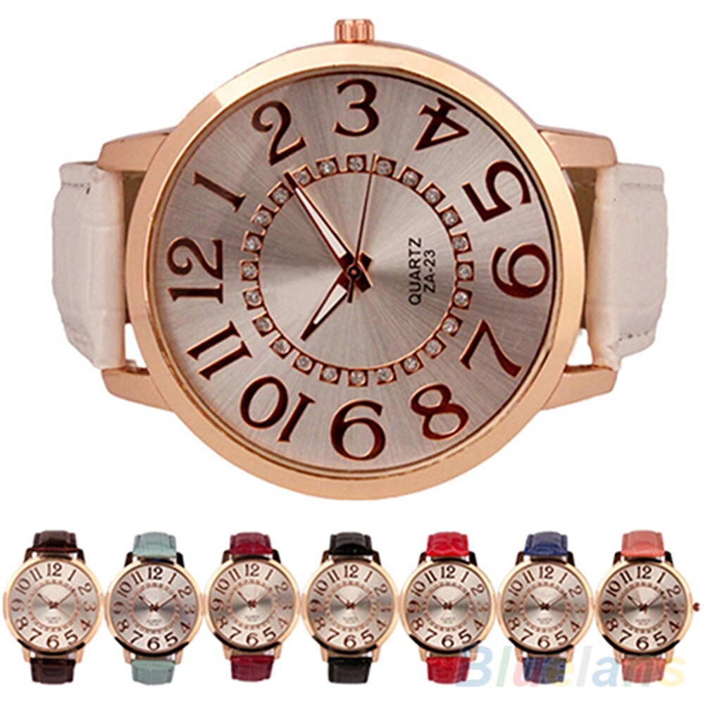 7 farver mænd kvinder store arabiske tal rhinestone indlagt kunstlæder rundt kvarts analogt armbåndsur ægte ingen vandtæt ！！
