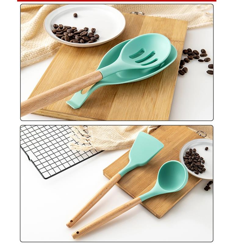 Mint Green Kitchen Utensil Non-Stick Wood Handle Cooking Utensil Premium Silicone Material Baking Spatula Spoon Kitchen Supplies