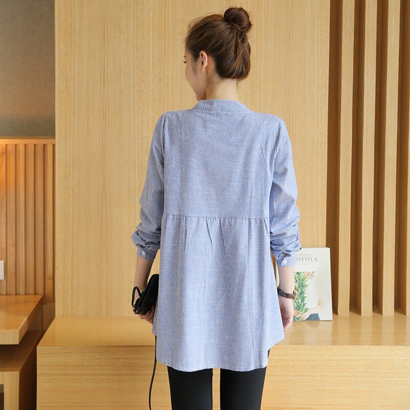 Autumn Maternity Shirts Summer Blouse Tops Clothes for Pregnant Women Waist Pleated Embroidery Cotton Shirts Pregnancy Clothes