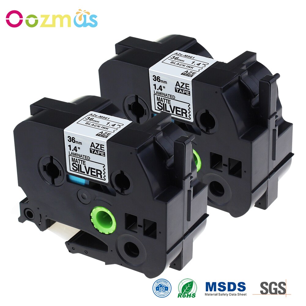 Oozmas 2 Stuks 36mm TZe-M961 compatibel Brother P Touch Gelamineerd TZe TZ label tape zwart op mat zilver printer tapes