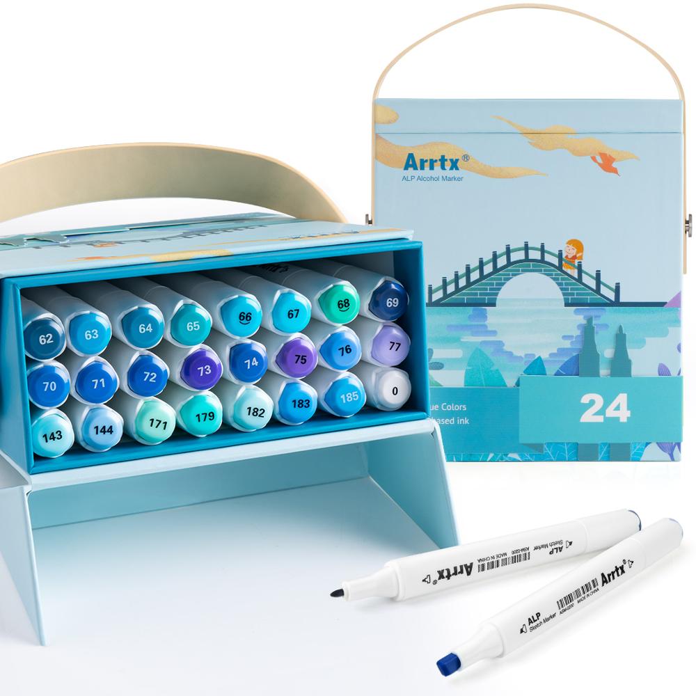 Arrtx-rotulador ALP de doble punta, marcador de Alcohol de tono azul, 24 colores, perfecto para pintar cielo, mar, río, etc.