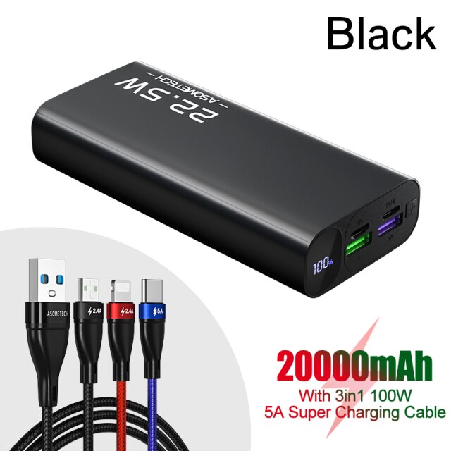 Power Bank 20000mAh Portable Charger 22.5W QC3.0 SFC PD USB Type C Fast Charging PowerBank 20000 mAh for iPhone External Battery: Black with cable