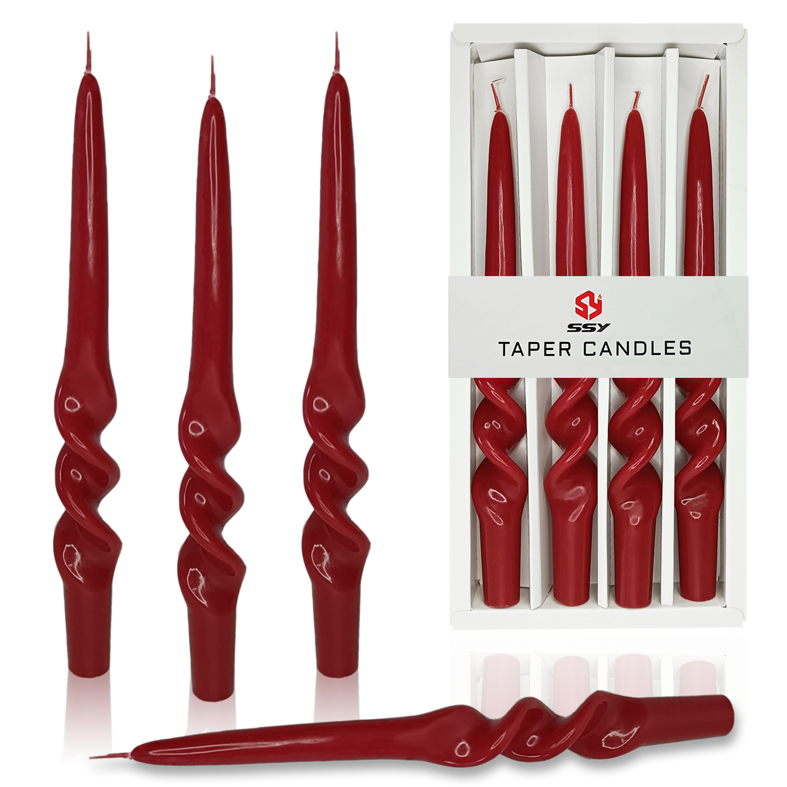 4 PACK CHRISTMAS DECORATIVE SPIRAL TAPER CANDLES GREEN & RED DINNER CANDLESTICKS: Red