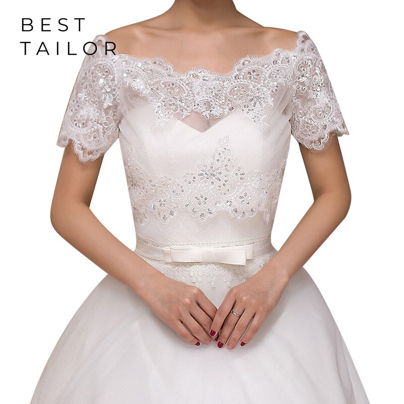 Hvid rød bryllup bolero sjal wrap korte ærmer blonde applikation brude jakke til brudekjole bryllup tilbehør mariage femme