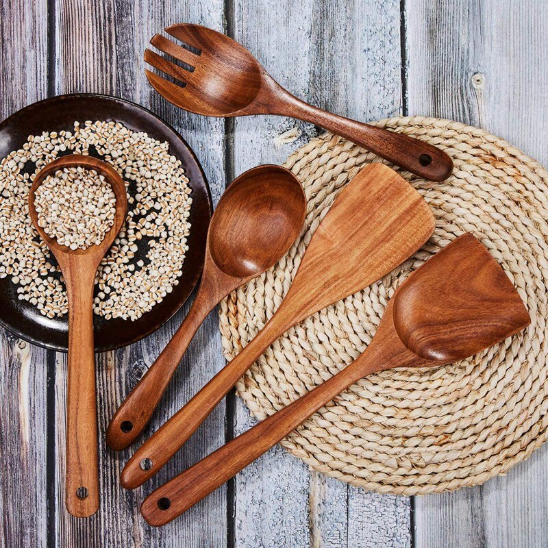 Houten Gebruiksvoorwerpen Voor Keuken, 6 Stuks Houten Lepels Voor Koken Hout Spatel Aftappen Lepel Garde, Salade Vork, kookgerei