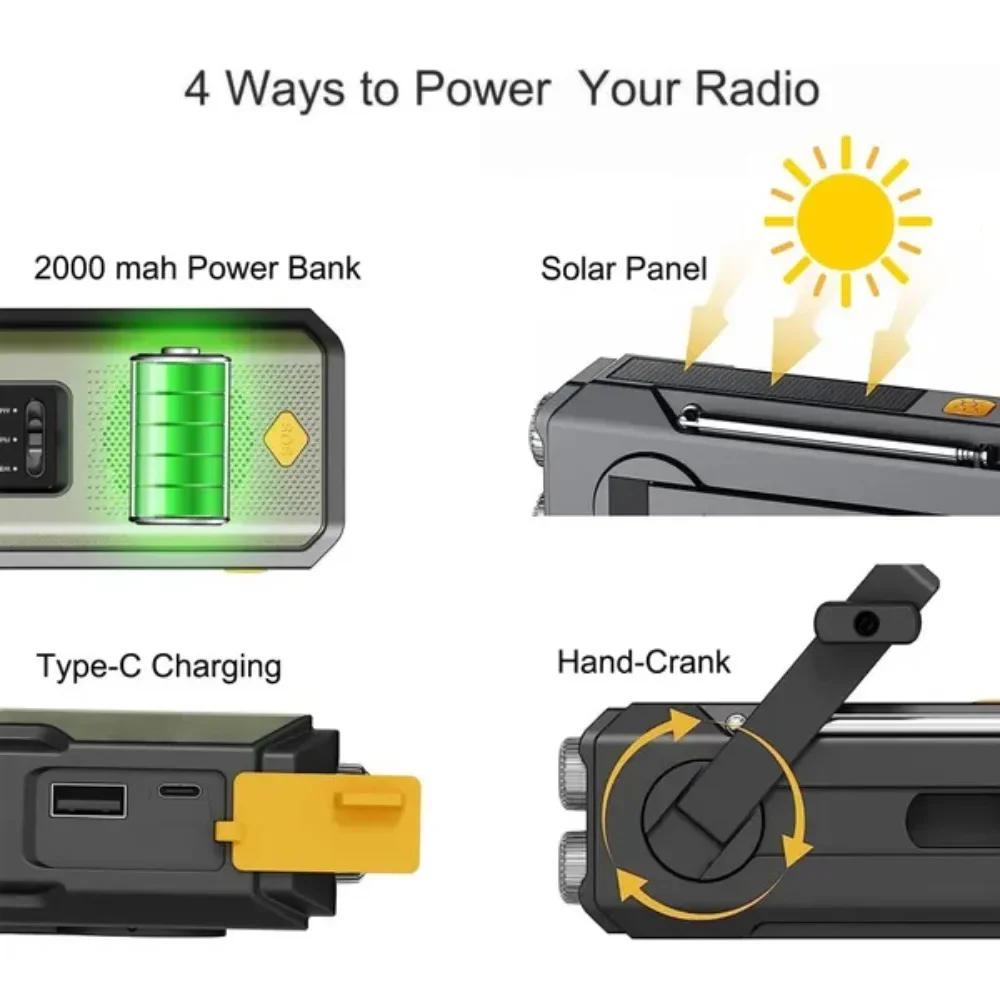 Multifunksjonell solcelledrevet håndsveivradio fm am wb noaa værradio 2000 mah usb-lading nød-led-lommelykt strømforbud