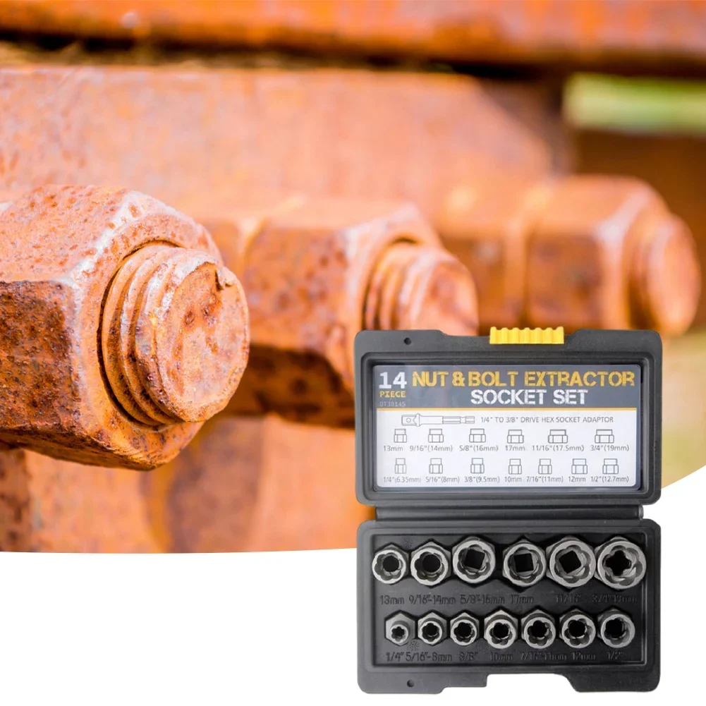 14 Pieces Damaged Bolt Removal Tool Impact Bolt & Nut Remover Set Alloy Damaged Bolt Nut Remover Extractor Socket Tool