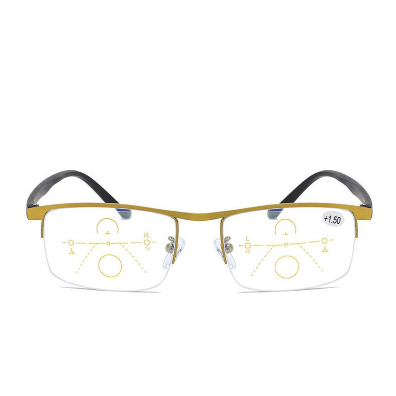 Men Women Progressive Multifocal Reading Glasses Bifocal Magnifying Presbyopic Glasses Metal Anti Blue Ray Square Frame 2.0