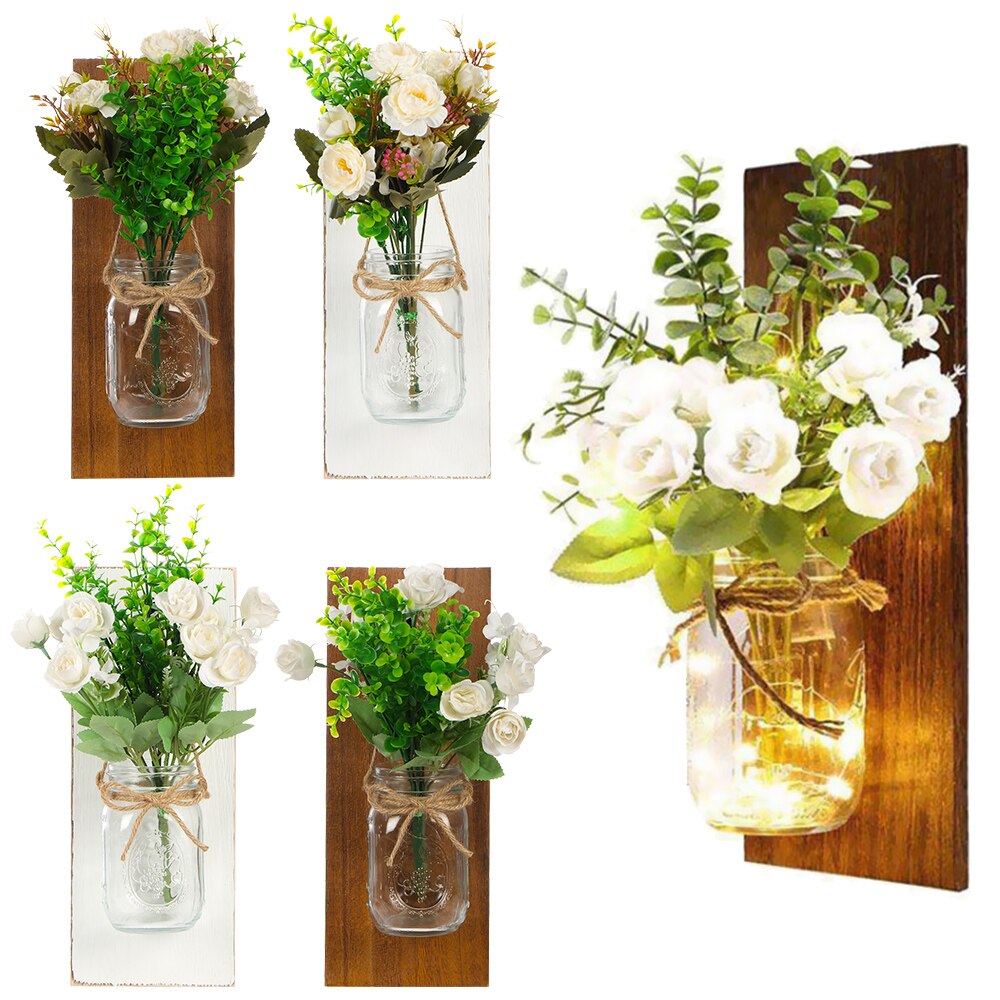 Tira de luces LED de pared con Control remoto para colgar en el hogar, apliques de luz con flores artificiales de tarro de albañil, decoración para el hogar, 2 uds.