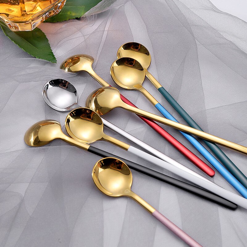 Long Handle Stainless Steel Dinnerware Spoon Tea Spoon Dessert Coffee Ice Cream Spoons Kitchen Accessories Bar Tools