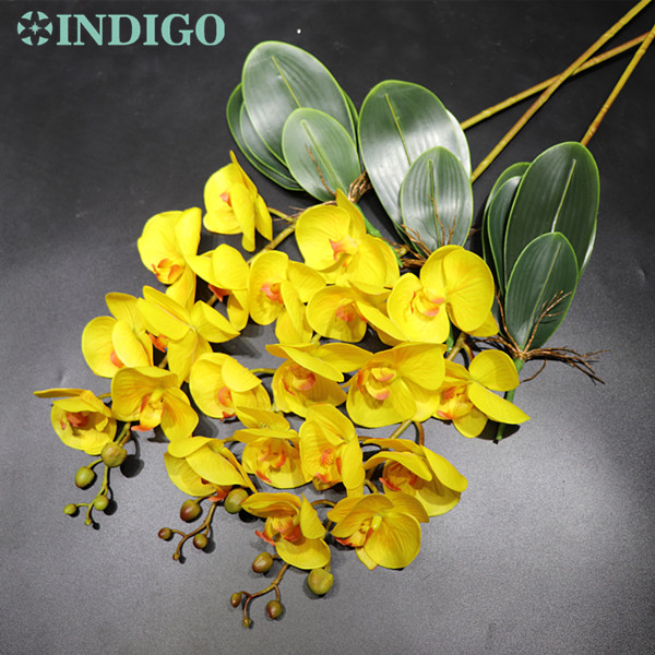 Arrangement fleur orchidée INDIGO-rouge grand 90cm (3 orchidée + 3 feuilles) vraie touche fleur décoration de fête de mariage: yellow
