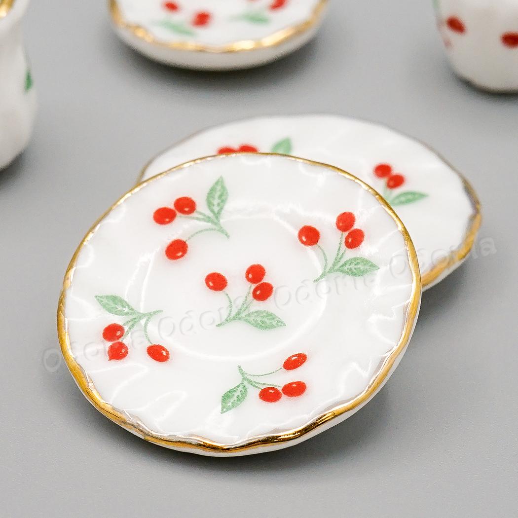 Odoria 1:12 Miniatuur 15 Stuks Tea Cup Set Rode Kersen Met Gouden Trim Porselein Servies Poppenhuis Keuken Accessoires