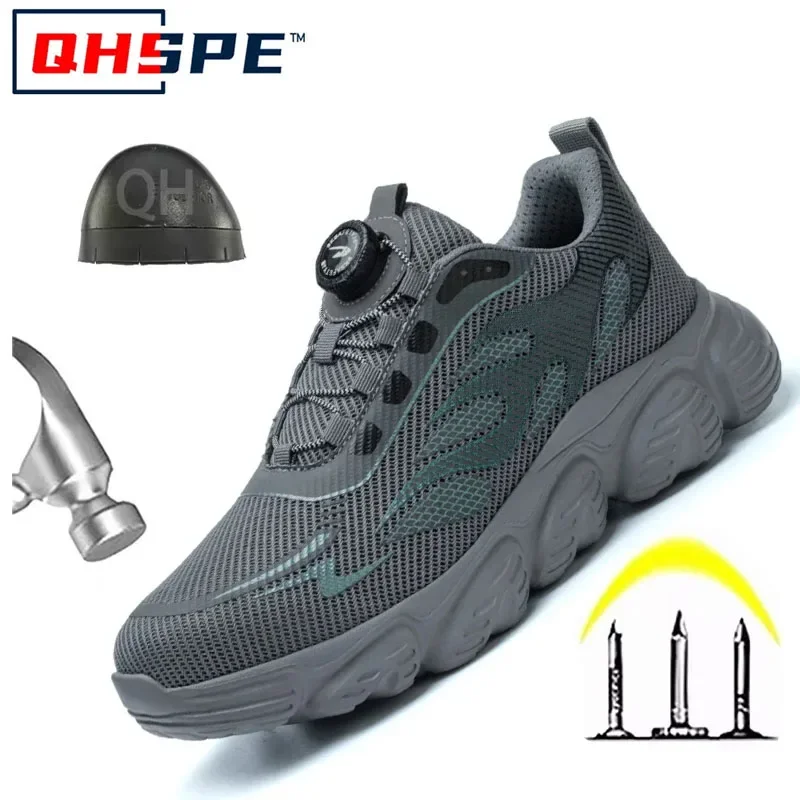 Rotating Button Work Safety Shoes Men Reflective Steel Toe Shoes Indestructible Work Sneakers Protective Safety Boots Size 47 48: 45 / GRAY