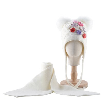 Vinter hatt scarf set för barn härliga pomponger stickad mössa baby flickor tjock stickad fjäril blommor öron klaff mössa barn