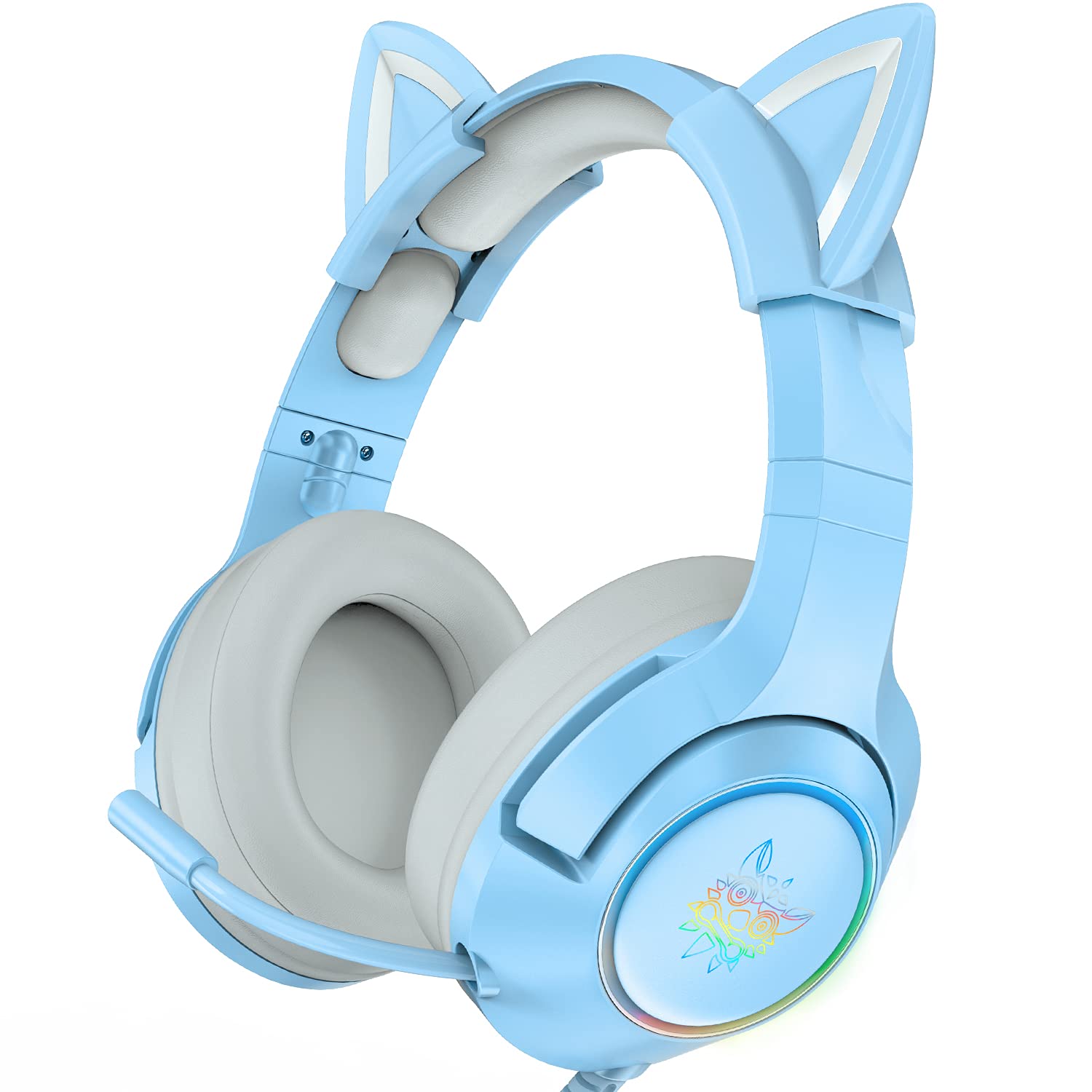 （original box）onikuma  k9 pink cute cat ear hovedtelefon med mikrofon gaming headset og støjreducerende med led lys: Blå -3.5mm stik