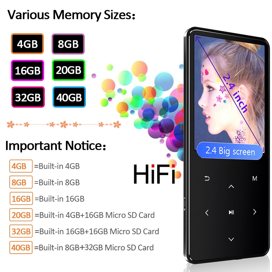 Reproductor de música Mp4 para niños, Walkman portátil Hifi con Bluetooth, Radio Fm, altavoz incorporado, teclas táctiles, 8GB, 16GB, 32GB, 40GB, Mp 4