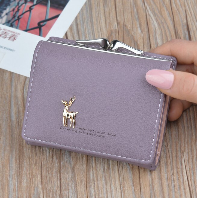 Cartoon Leather Women Purse Pocket Ladies Clutch Wallet Women Short Card Holder Cute Girls Deer Wallet Cartera Mujer: Purple