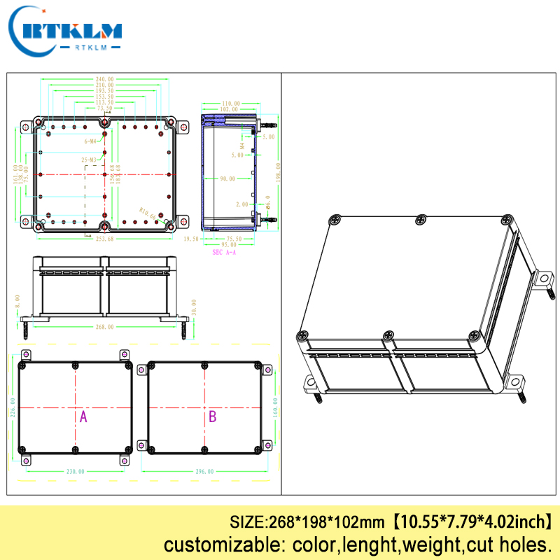Waterproof junction box transparent for electronic projects circuits abs plastic enclosure box diy instrumen case 268*198*102mm