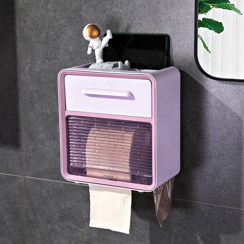 Multifunctional Tissue Storage Box Punch-free Waterproof Toilet Roll Paper Rack Wall-mounted Toilet Paper Drawer Box: Purple L
